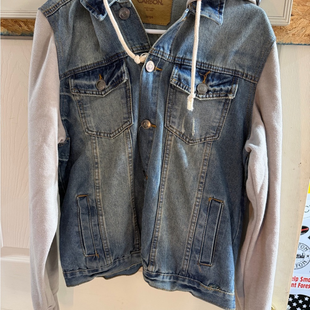 Carbon Blue Denim Jacket with Light Gray Knit Sleeves and Hood